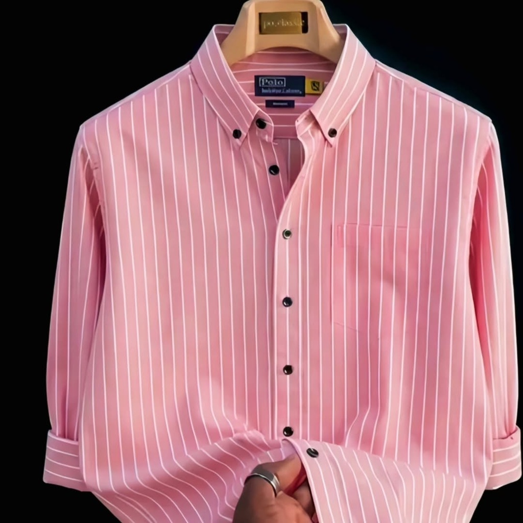 Men's Pink Vertical Striped Button-Down Casual Shirt (S)
