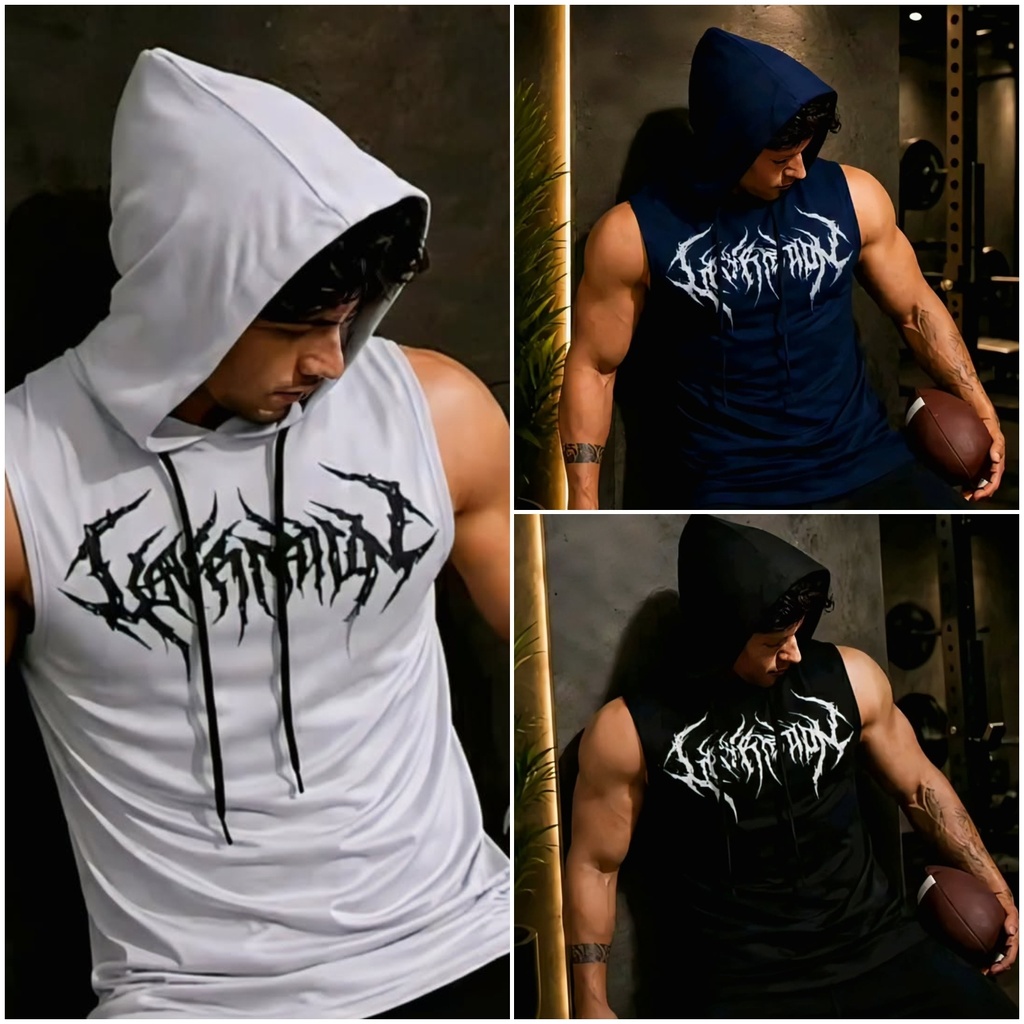 Sleeveless Hoodie for Men – Gym & Sports Workout Tank Top (M, Blue)
