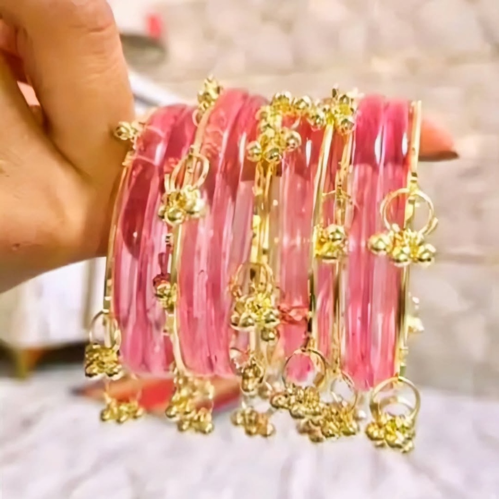 Pink Glass Bangles with Golden Latkan (2.2)