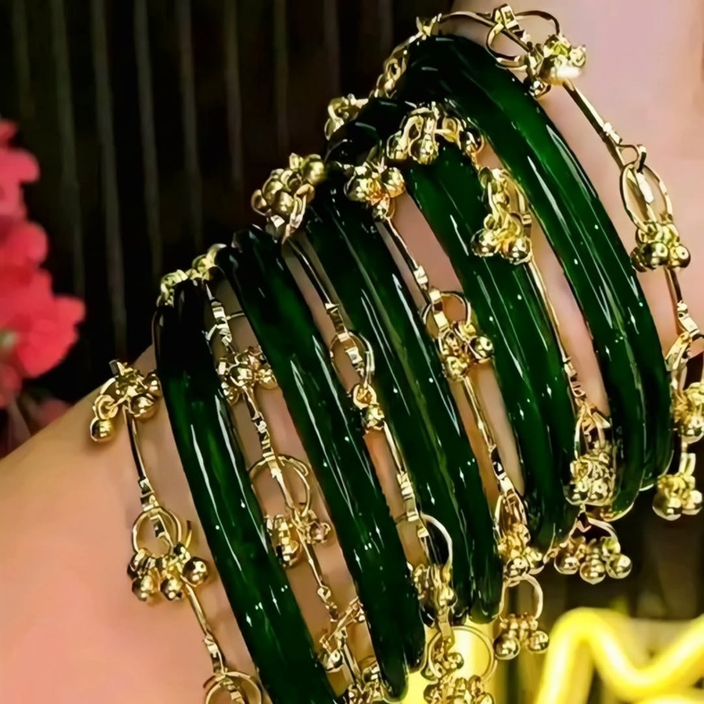 Green Glass Bangles Set with Hanging Latkan (2.2)
