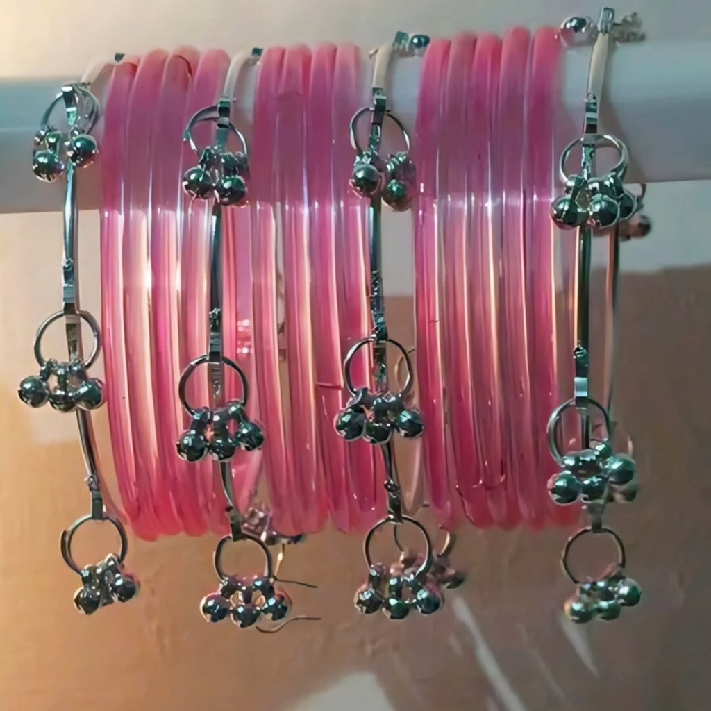 Pink Glass Bangles Set with Hanging Ghungroo (2.2)