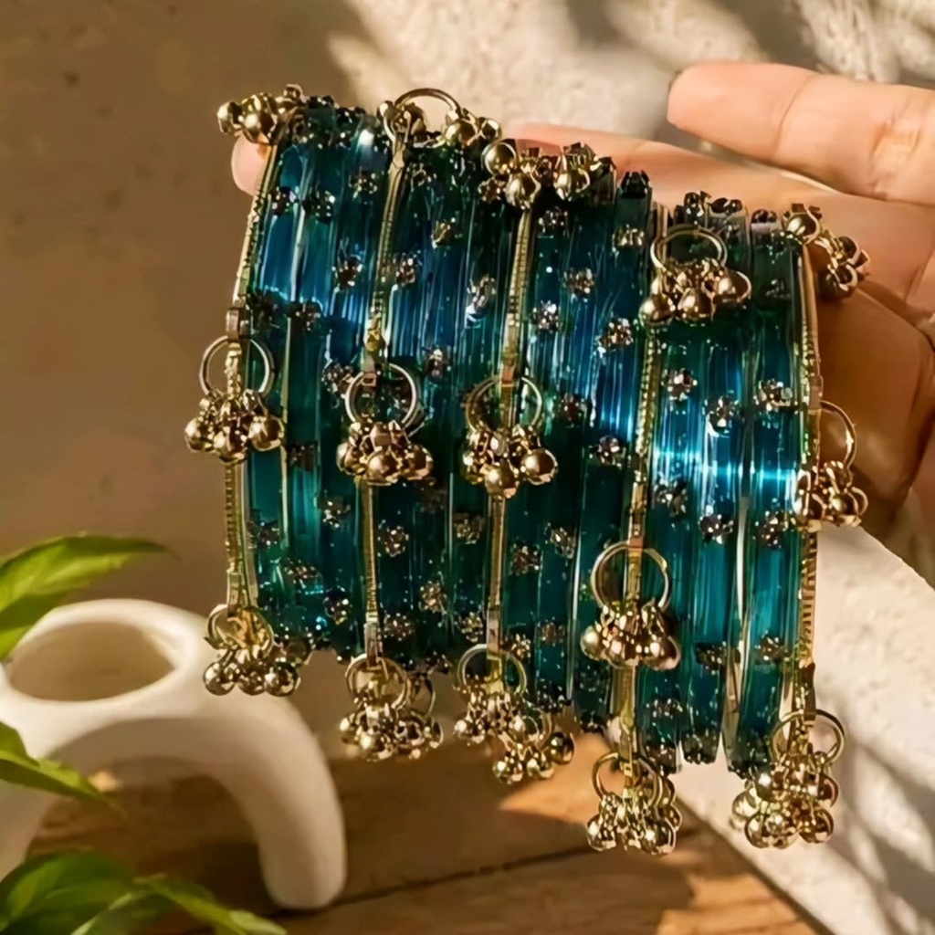 Women's Glass Bangles with Hanging Ghungroo Latkan Charm (2.2)