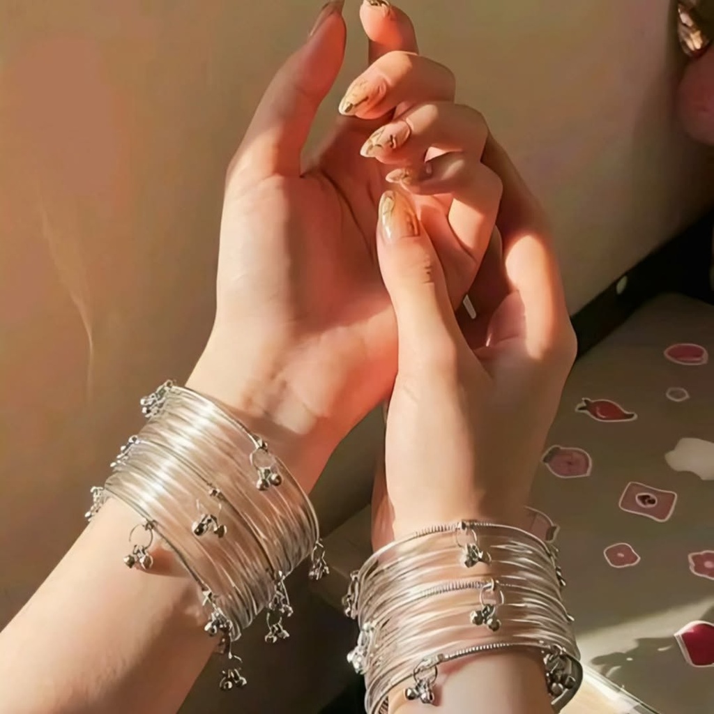 Silver-Toned Glass Bangles with Hanging Ghungroo Bells (2.2)