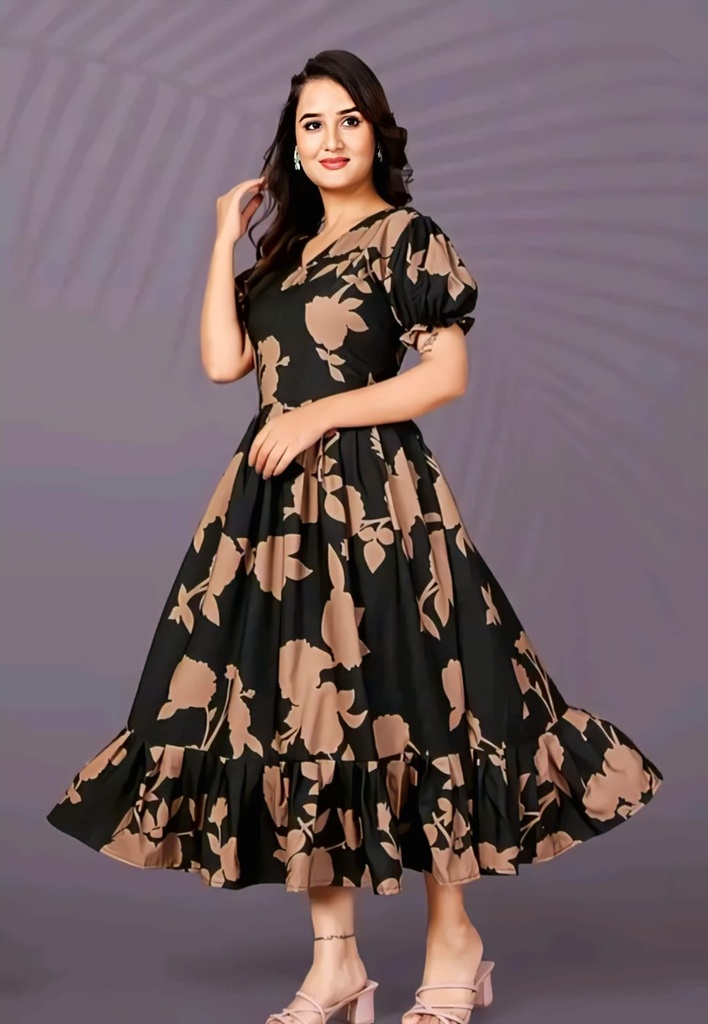 Black Floral Midi Frock Gown (S)