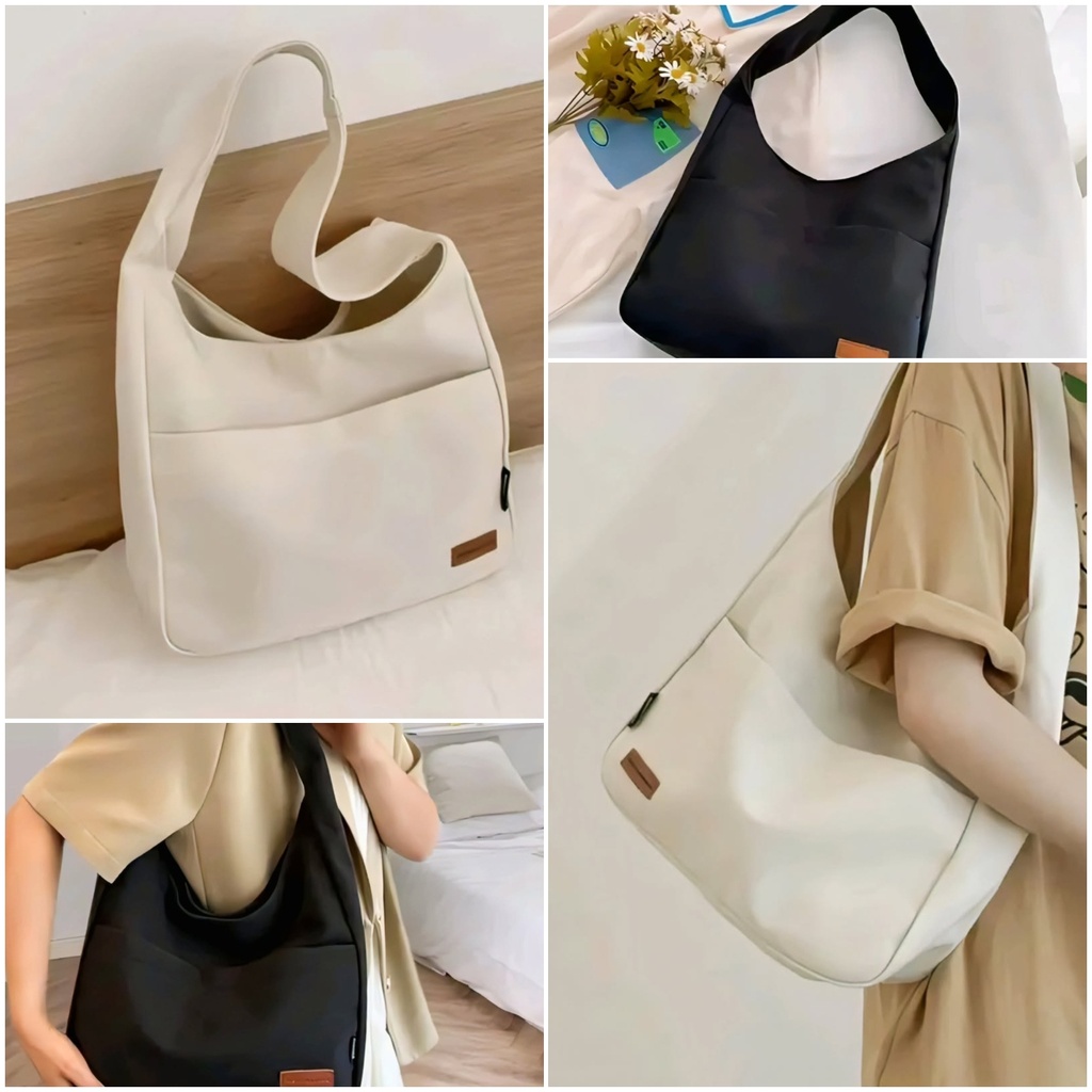 Women's Canvas Shoulder Purse Hand Bag with External Pocket (Cream)