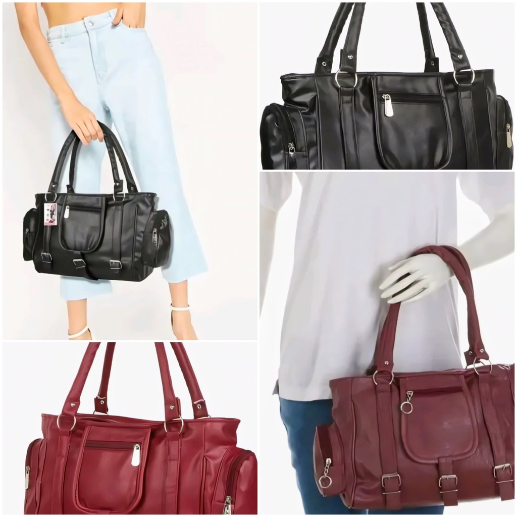 Women's Faux Leather Handbag with Side Pockets 2-piece (Black)
