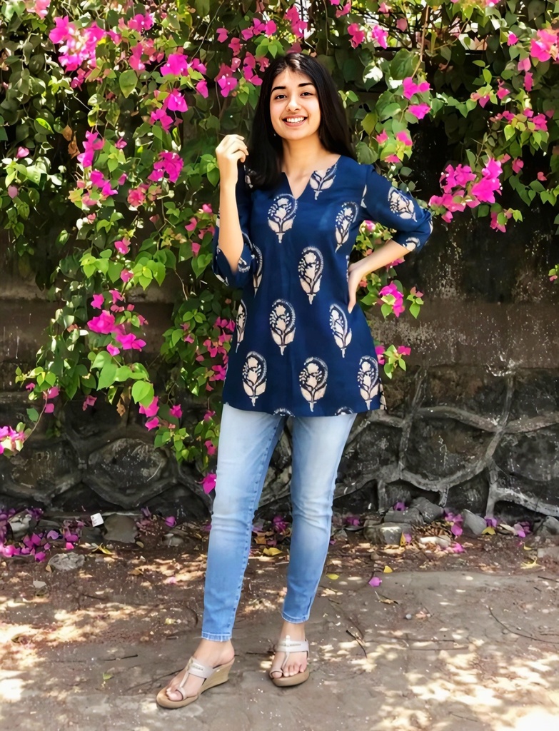 Bloom in Style – Navy Blue Floral Print Kurti (XS)