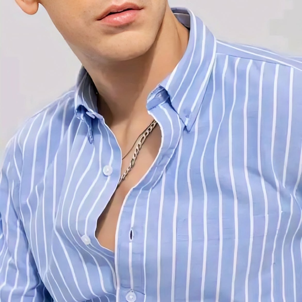 Men's Light Blue Striped Casual Shirt (S)