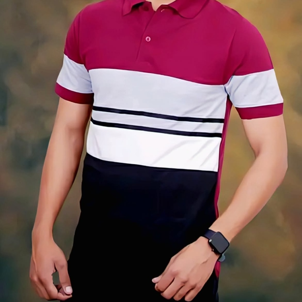 Men's Maroon and Black Color Blocked Polo T-Shirt