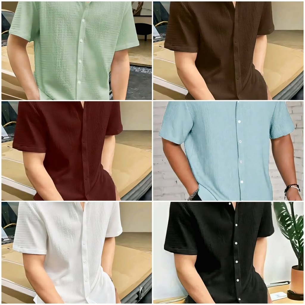 Textured Cotton Blend Casual Short Sleeve Shirt (S, Brown)