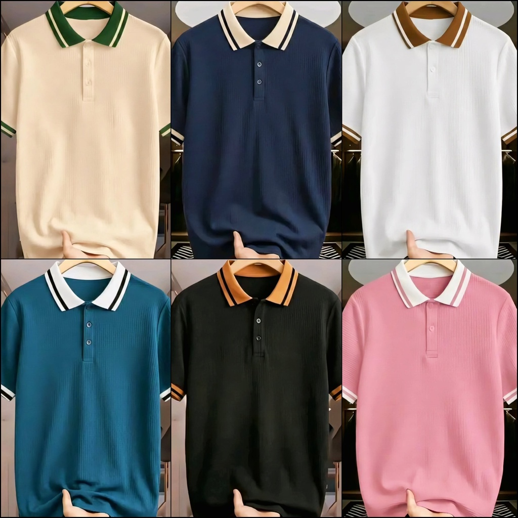 Men's Knit Polo T-Shirt (S, Blue)
