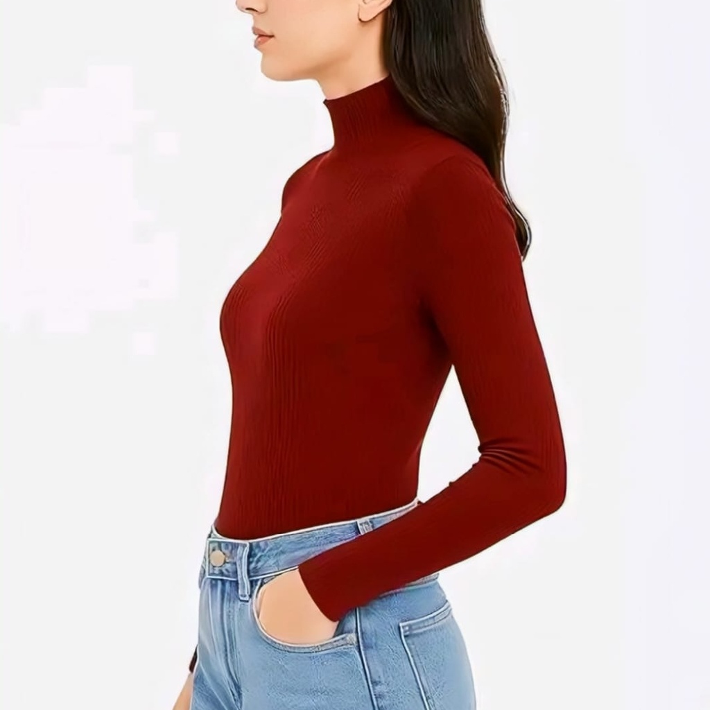 Women's Fitted Burgundy Long-Sleeve Turtleneck Top (S)