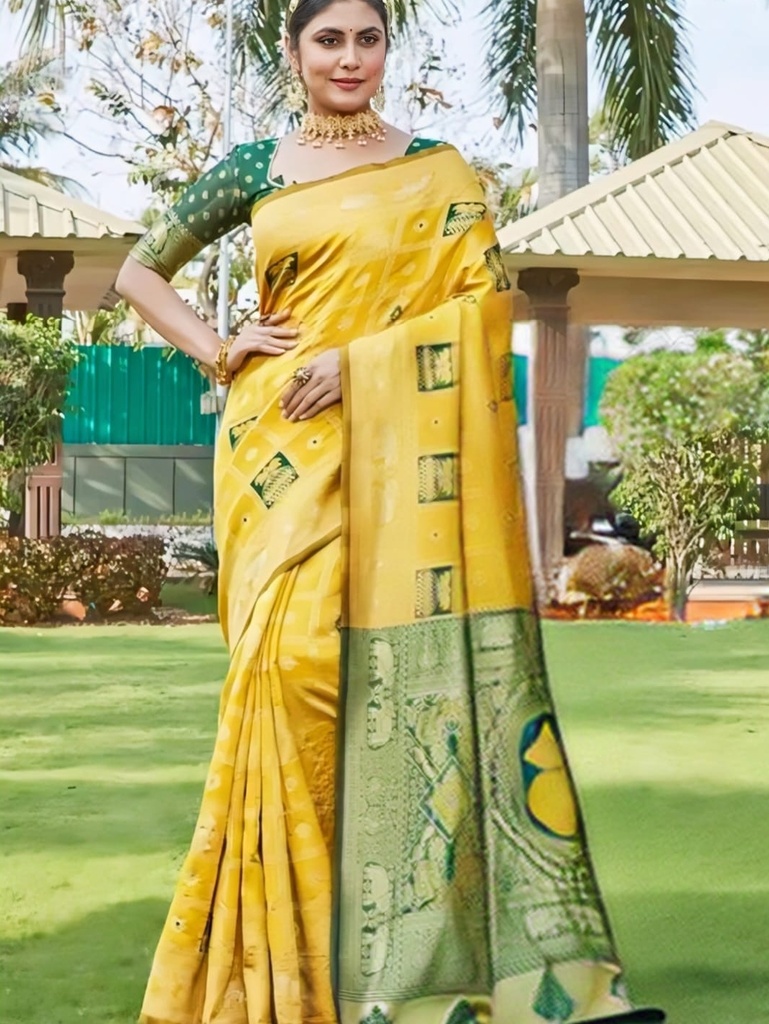 Yellow Silk Saree with Green Border