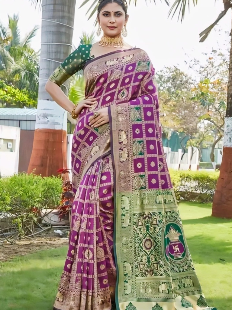 Purple Silk Patola Saree with Green Blouse