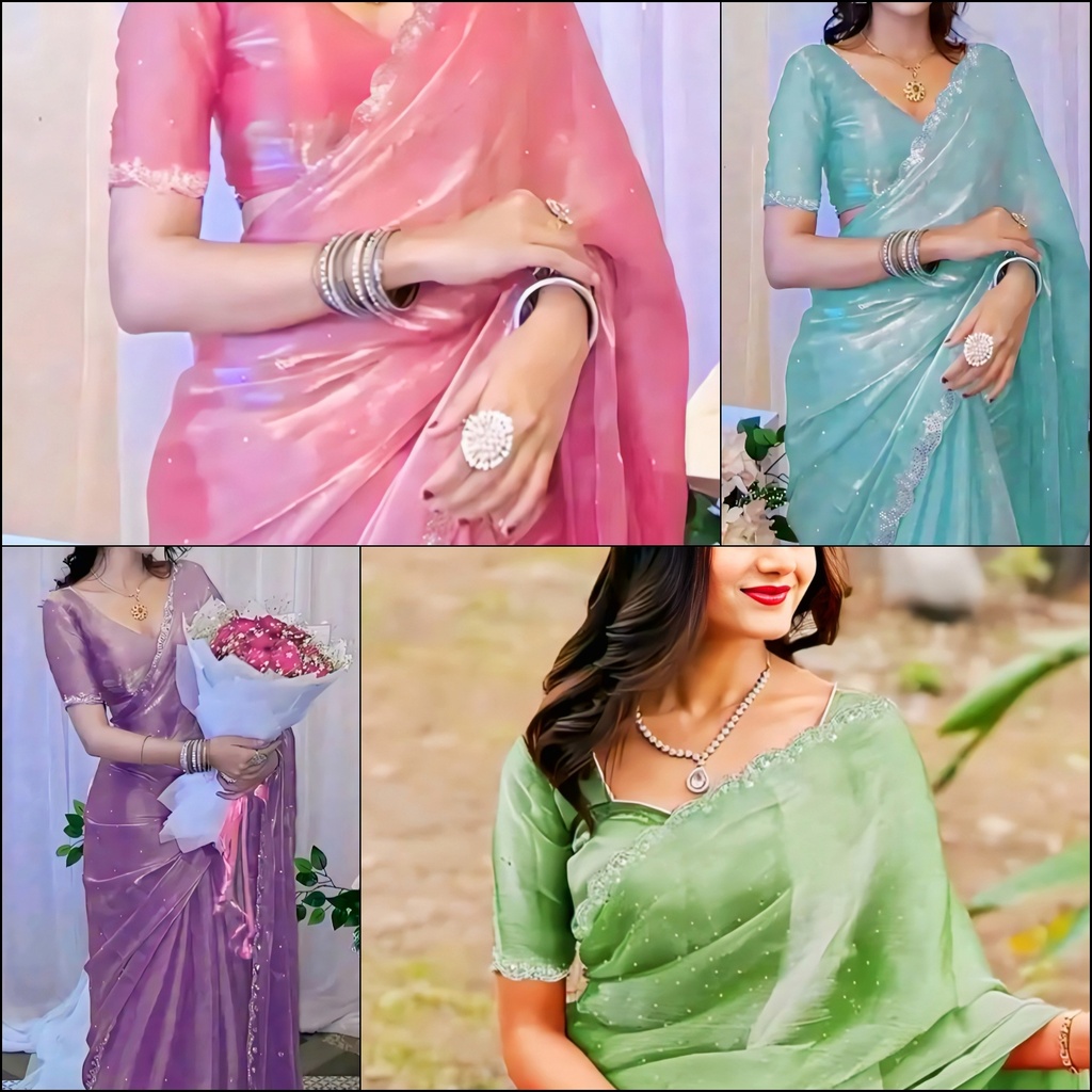 Organza Saree With Matching Blouse Piece For Women (Pink)