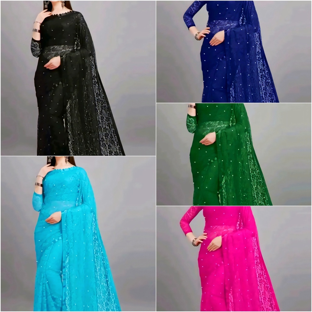 Women's Net Saree with Pearl Work (Blue)
