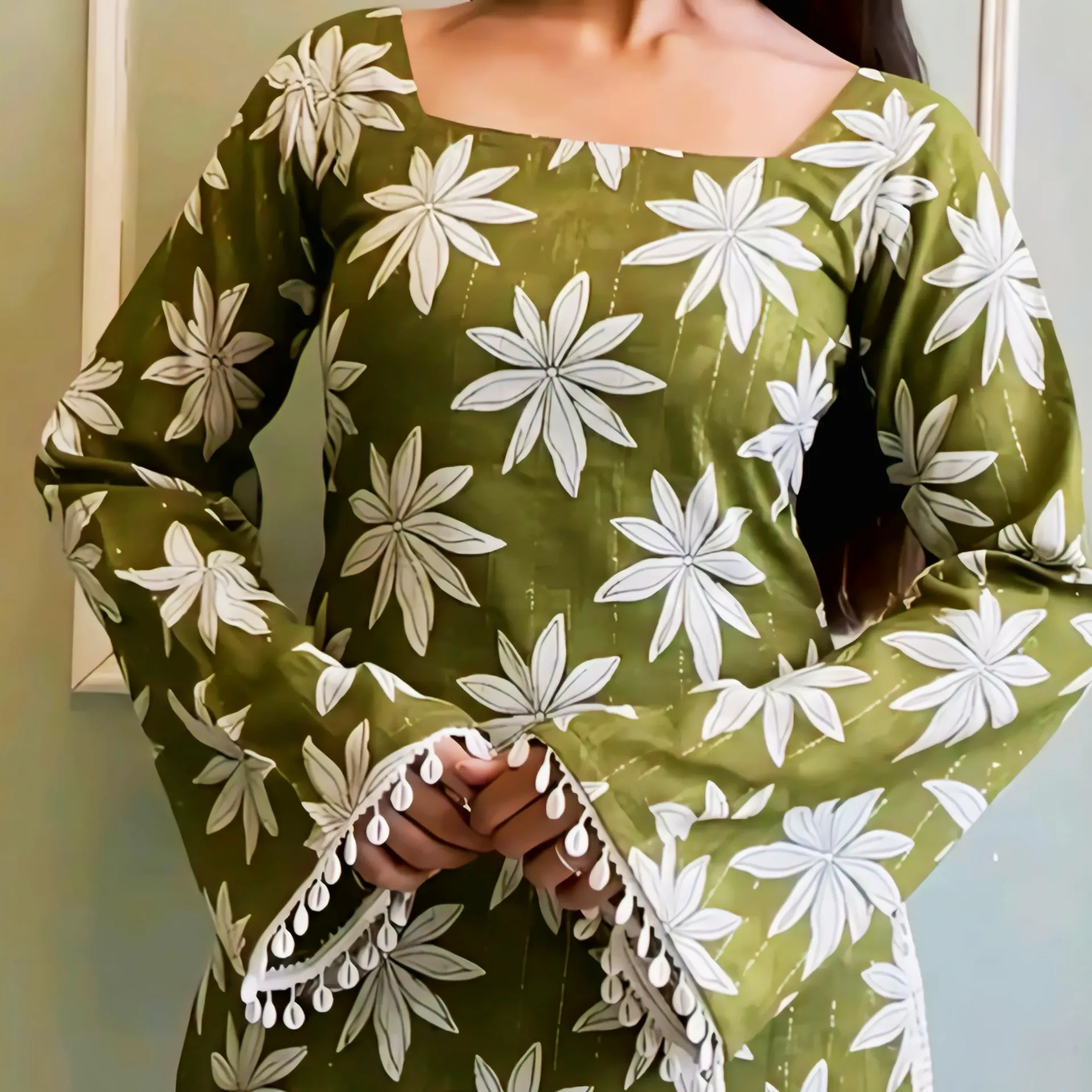 Olive Green Floral Print Kurti (XS, Olive Green)