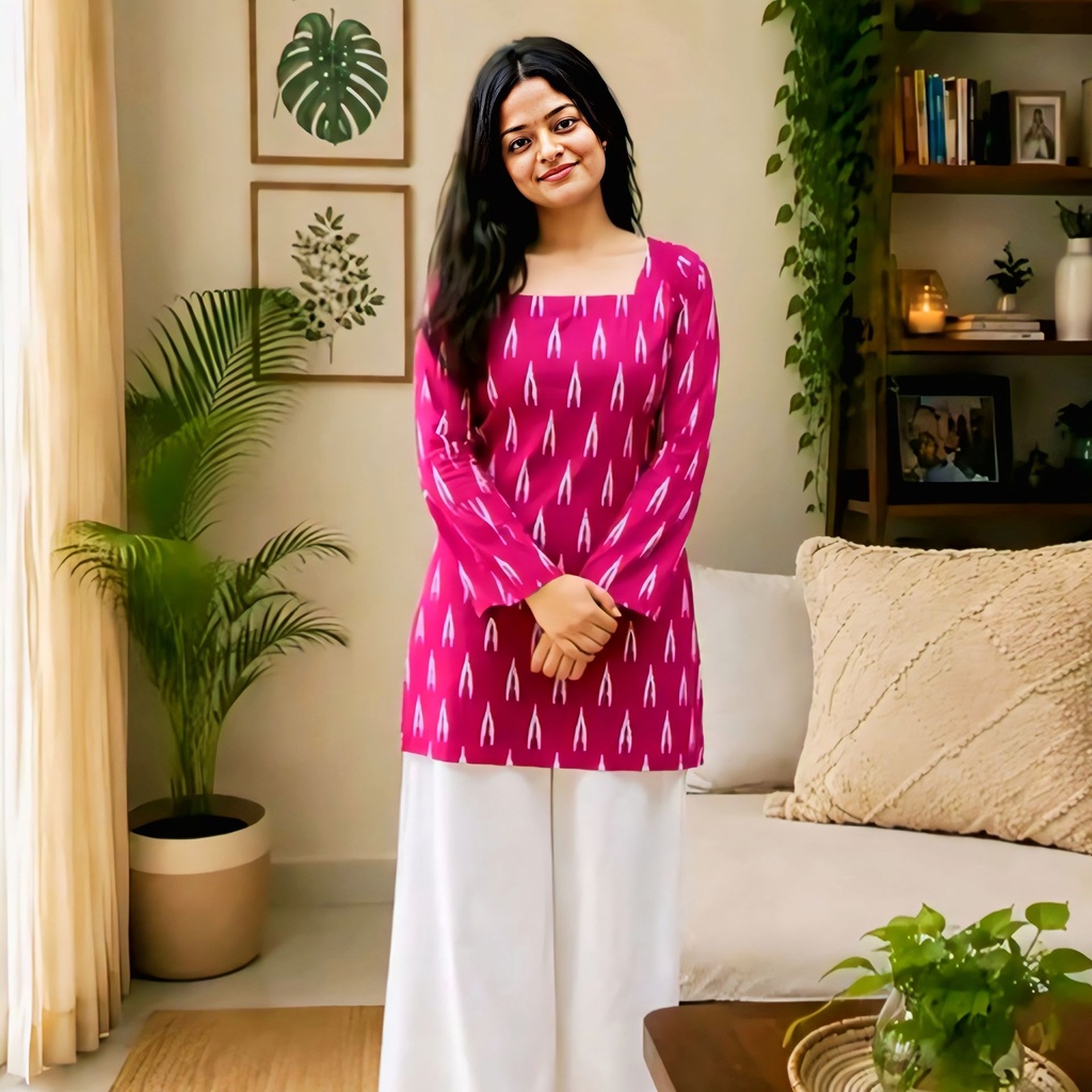 Magenta Ikat Print Kurti with White Palazzo Set (XS)