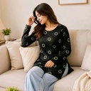 Black Floral Print Long Sleeve V-Neck Kurti Top