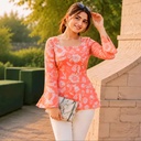 Peach Floral Print Bell Sleeve Kurti