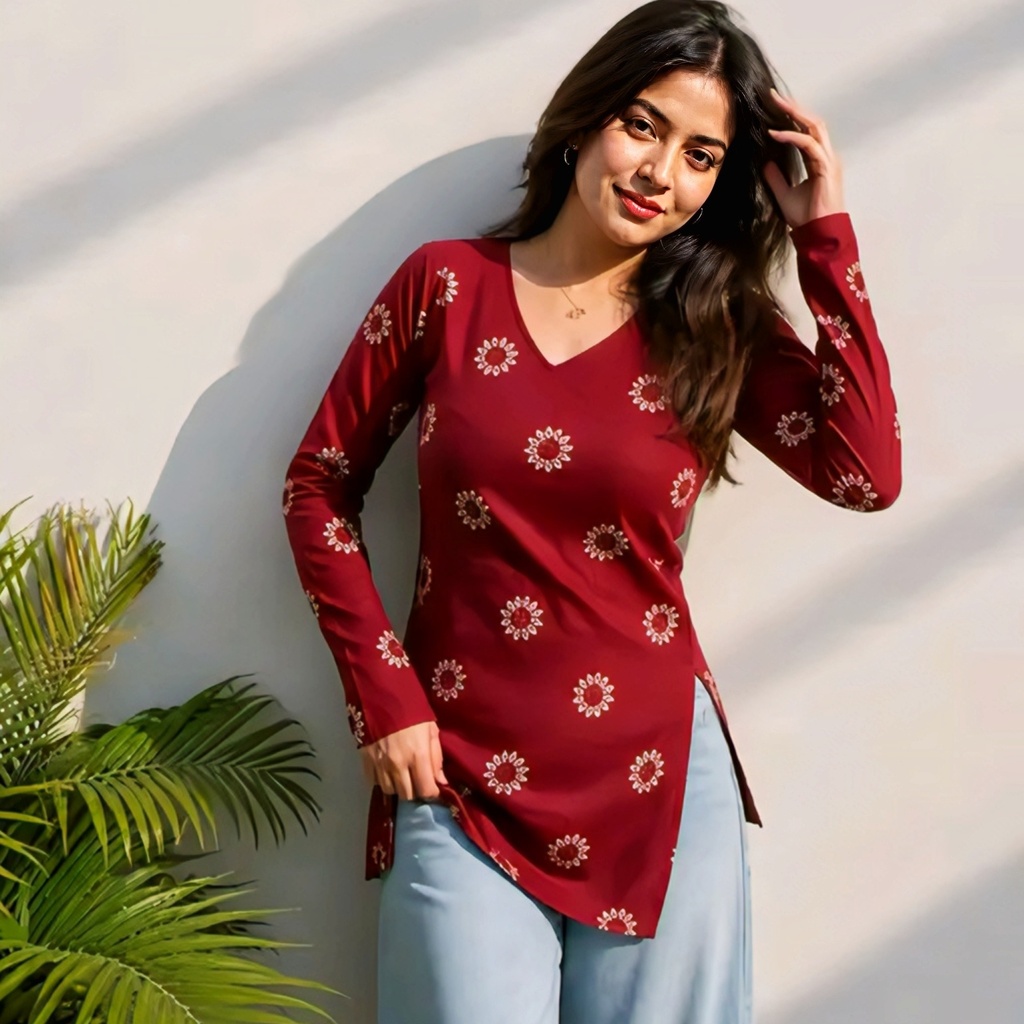 Maroon Floral Printed V-Neck Full Sleeve Kurti (XS)