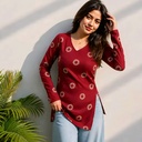 Maroon Floral Printed V-Neck Full Sleeve Kurti