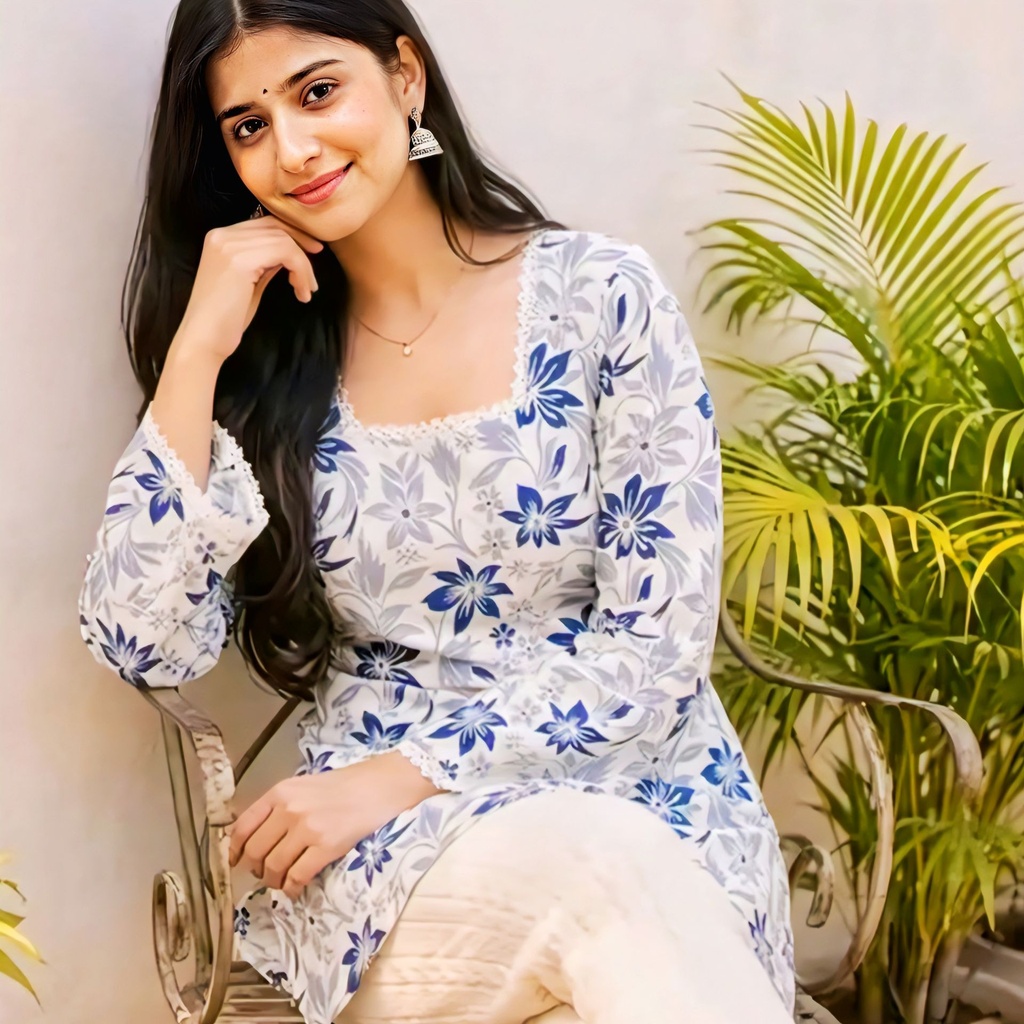 Fresh White And Blue floral short kurta (XS)