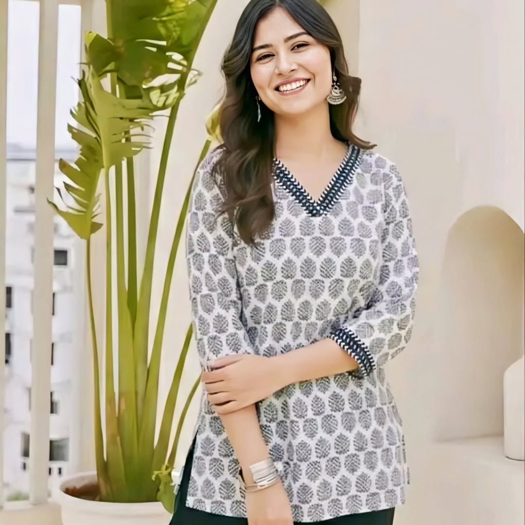 Indigo Block Print Cotton Short Kurti with Pockets