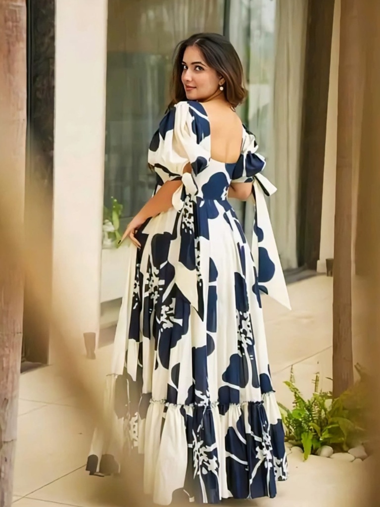 Flared Puff-Sleeve Women's Maxi Dress Gown (S)