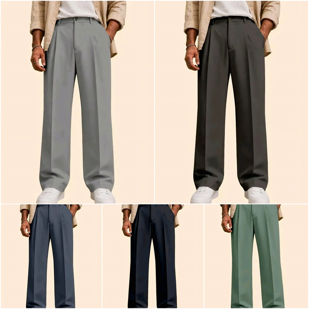 Men's Pleated Wide Leg Trousers (M, Blue)