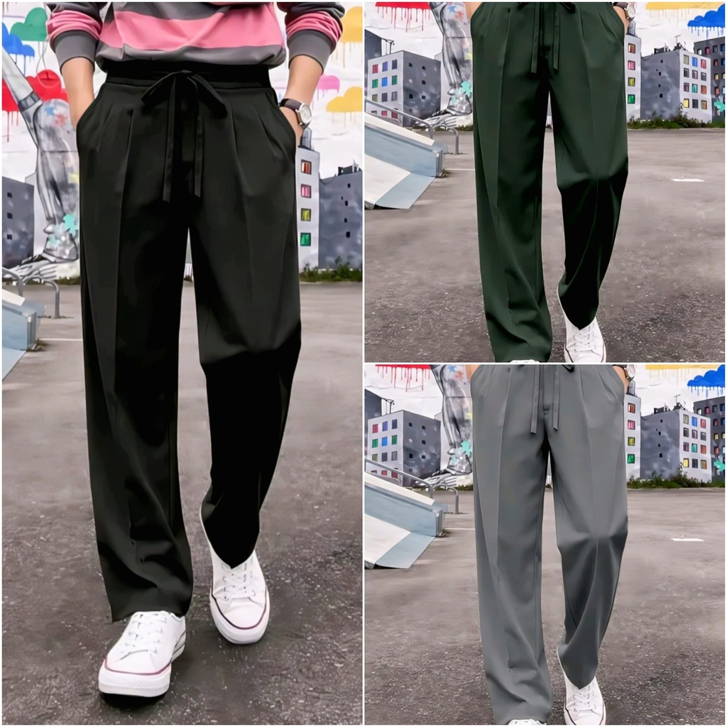 Drawstring Wide Leg Men Trousers (M, Green)