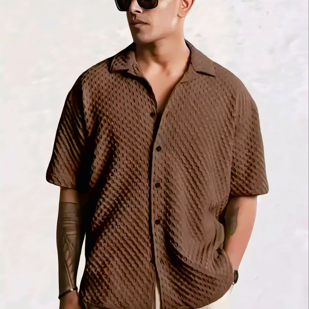 Men's Textured Short Sleeve Shirt (S, Brown)