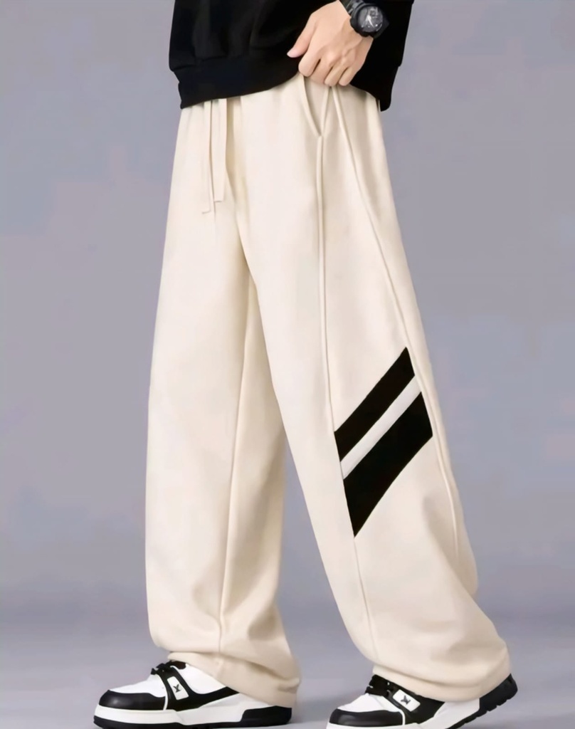 Men's Cream Jogger Trousers with Diagonal Athletic Stripes