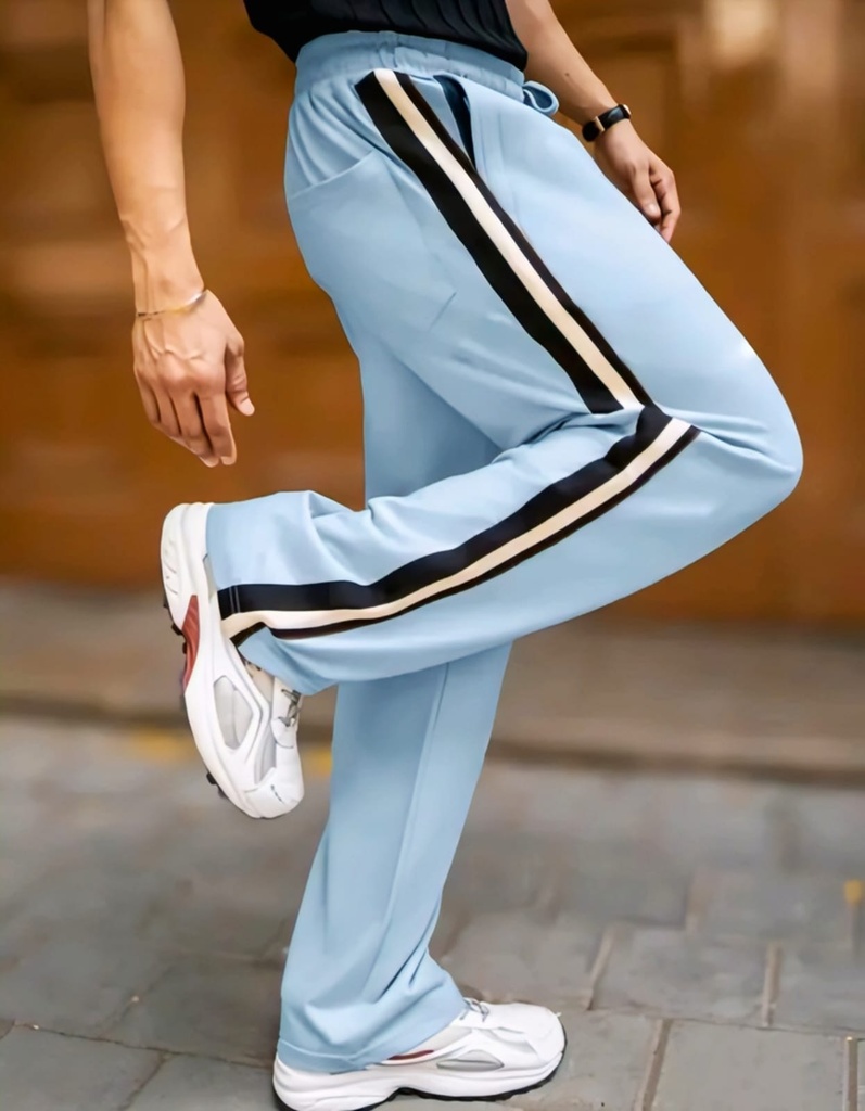 Men's Light Blue Wide-Leg Track Pant Trousers with Side Stripe
