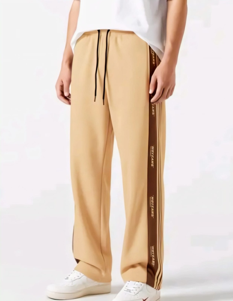 Men's Beige Wide-Leg Track Pant Trousers with Contrast Side Stripe (S)