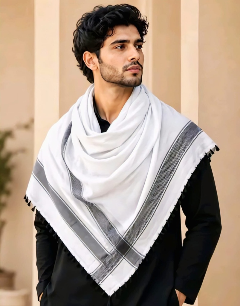 Premium White & Grey Men's Winter Shawl with Tassels