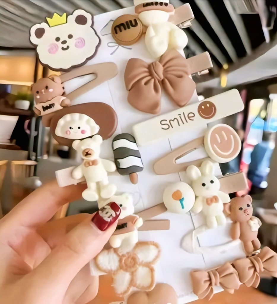 Cute Teddy Bear & Bow Matte Hair Clips Set (14-Pack)