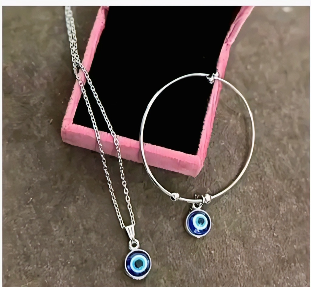 Evil Eye Silver Pendant Bracelet Set