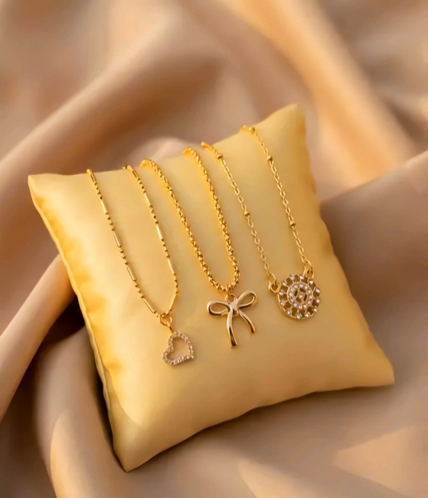 Elegant Gold-Plated Pendant Necklace Set - Heart, Bow, & Crystal Disk