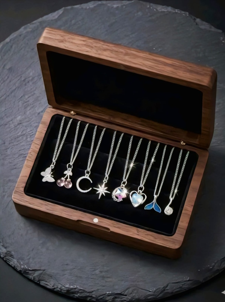 Elegant Wooden Jewelry Display Box with Silver Charm Necklaces Set
