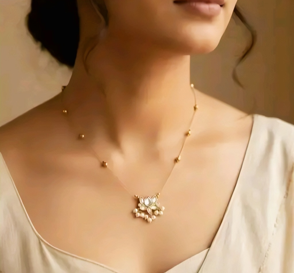Elegant Lotus Kundan & Pearl Minimalist Gold Chain Necklace