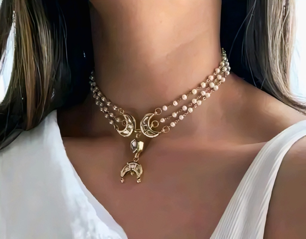 Three-Row Pearl Moon Choker Necklace