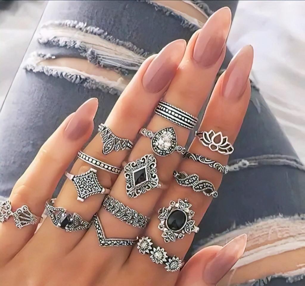 Vintage Silver Bohemian Stackable Ring Set (15-Piece)
