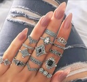 Vintage Silver Bohemian Stackable Ring Set (15-Piece)