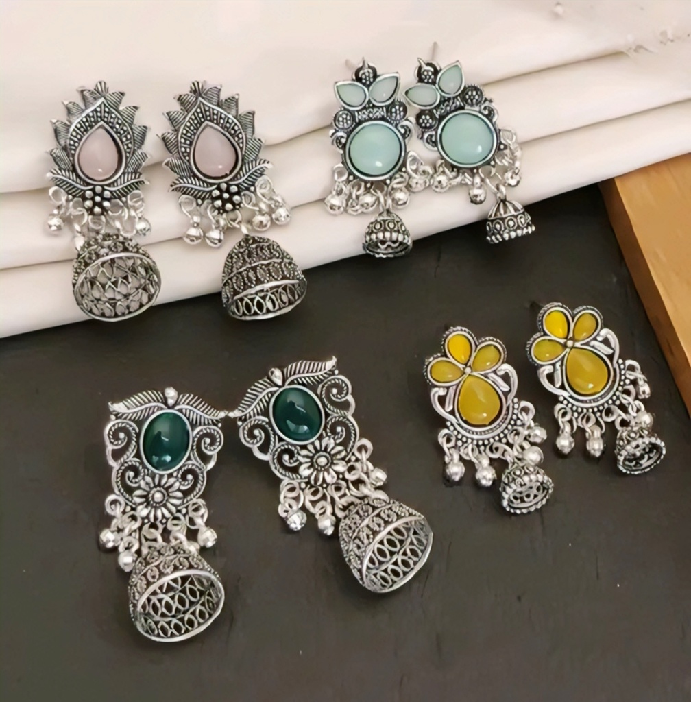 Oxidized Silver Jhumka Dangler Earrings 4 pair