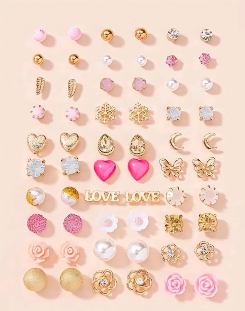Elegant Multi-Pair Stud Earring Set – Hearts, Butterflies & Floral Designs