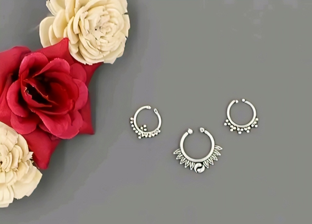 Oxidized Silver Non-Piercing Clip-On Septum Nose Rings (Set of 3) I