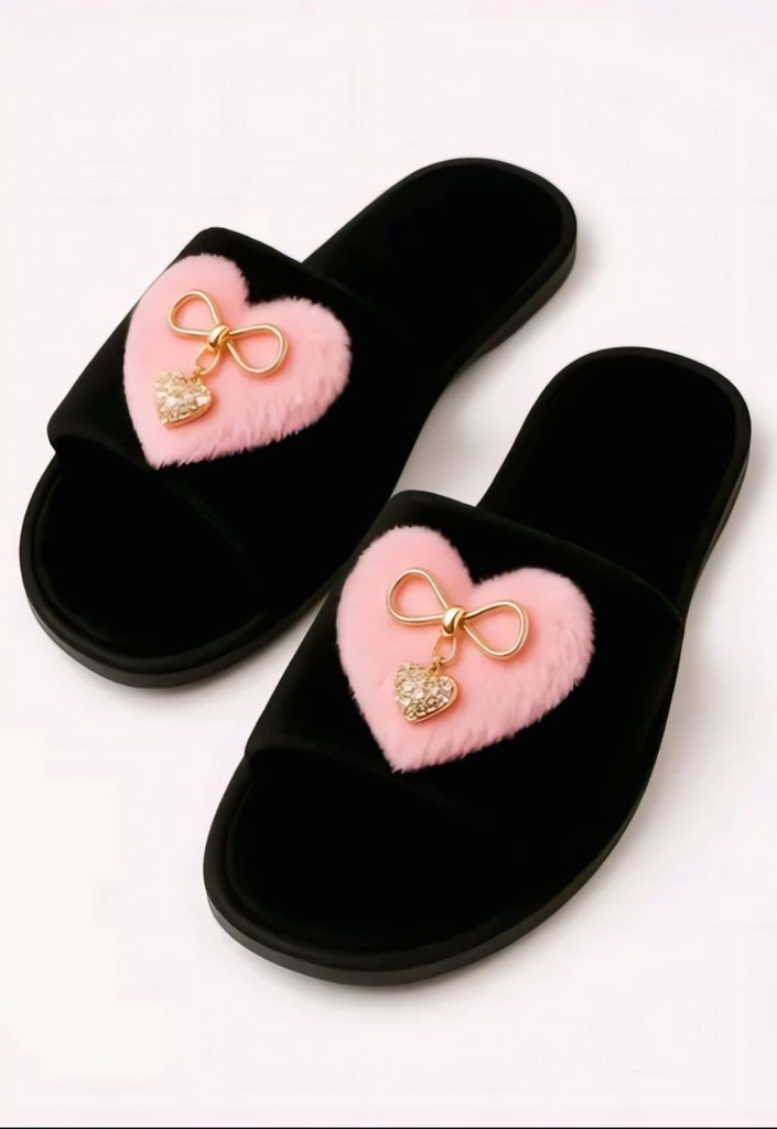 Elegant Black Velvet Heart Accent Slippers (6)