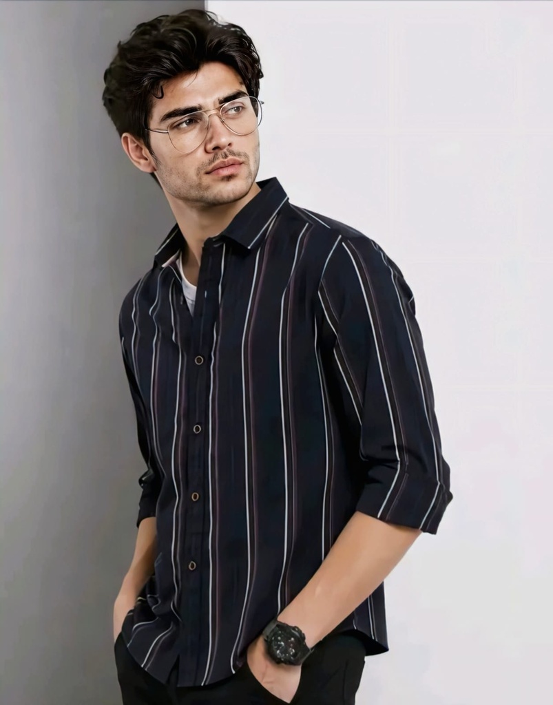 Men's Navy Blue Vertical Striped Casual Shirt (S)