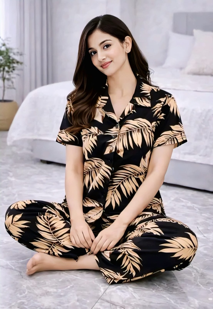 Women's Black and Gold Tropical Leaf Print Nightsuit (S)